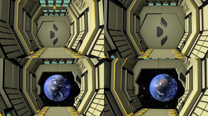 空间站走廊和太空行走。3D渲染