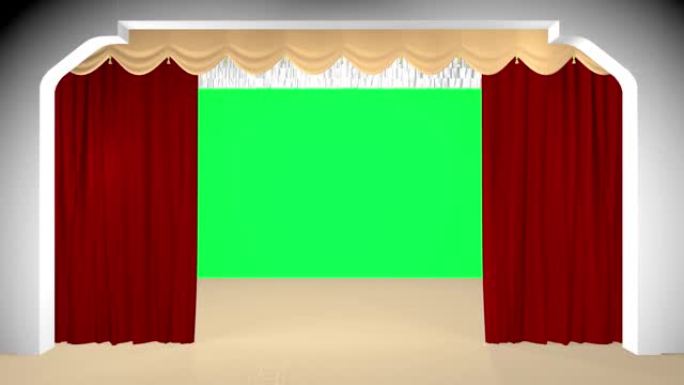 剧院窗帘分开，绿色背景。3D渲染