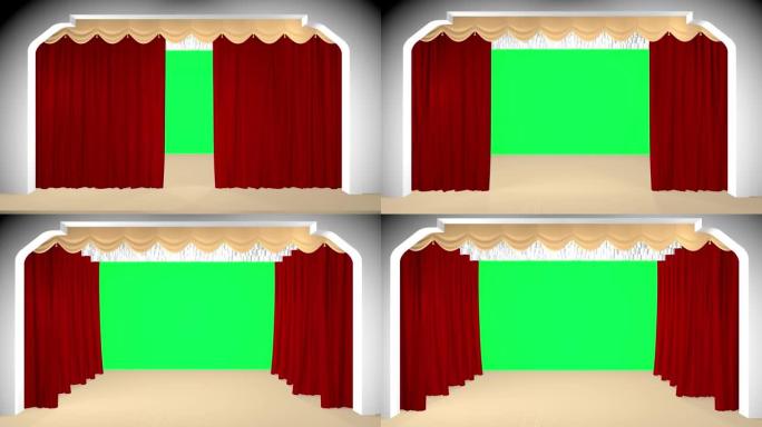 剧院窗帘分开，绿色背景。3D渲染
