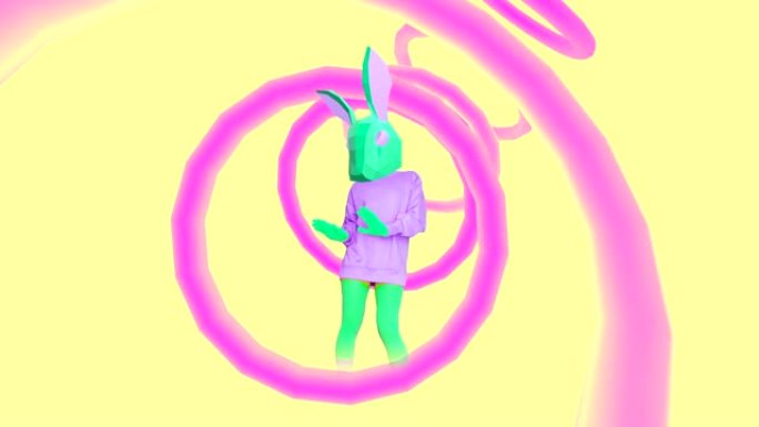 动画最小艺术。几何香草派对世界中的跳舞兔子。糖果时尚心情
