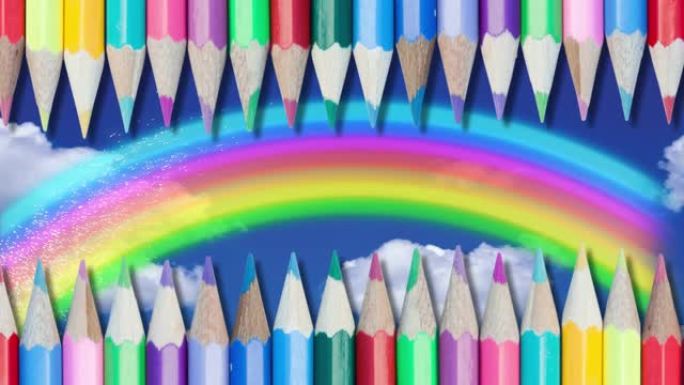 蓝天上的彩虹色铅笔