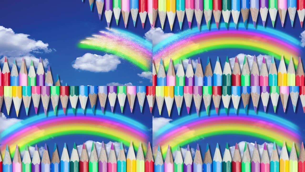 蓝天上的彩虹色铅笔