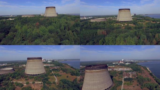 切尔诺贝利核电站未完成冷却塔的航拍画面。乌克兰。4K。