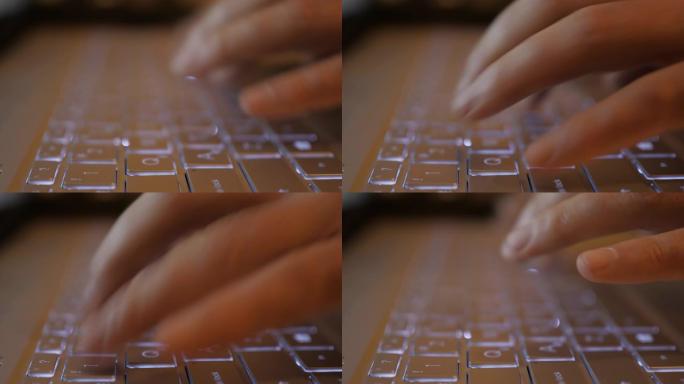 电脑黑客键入代码病毒电脑在键盘上深夜工作。男人向社交网络写信息。记者在媒体上写文章。在笔记本电脑上工