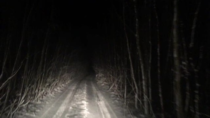 夜晚森林中幽灵般的冬季道路。