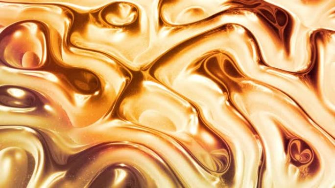 环形抽象背景，在闪亮的光泽表面上有波浪形闪闪发光的金色液体图案。粘稠的黄色流体，如金箔或明亮的玻璃表
