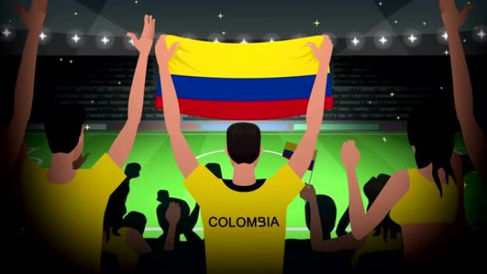 卡通欢呼的足球迷拥挤哥伦比亚足球动画