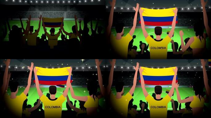 卡通欢呼的足球迷拥挤哥伦比亚足球动画