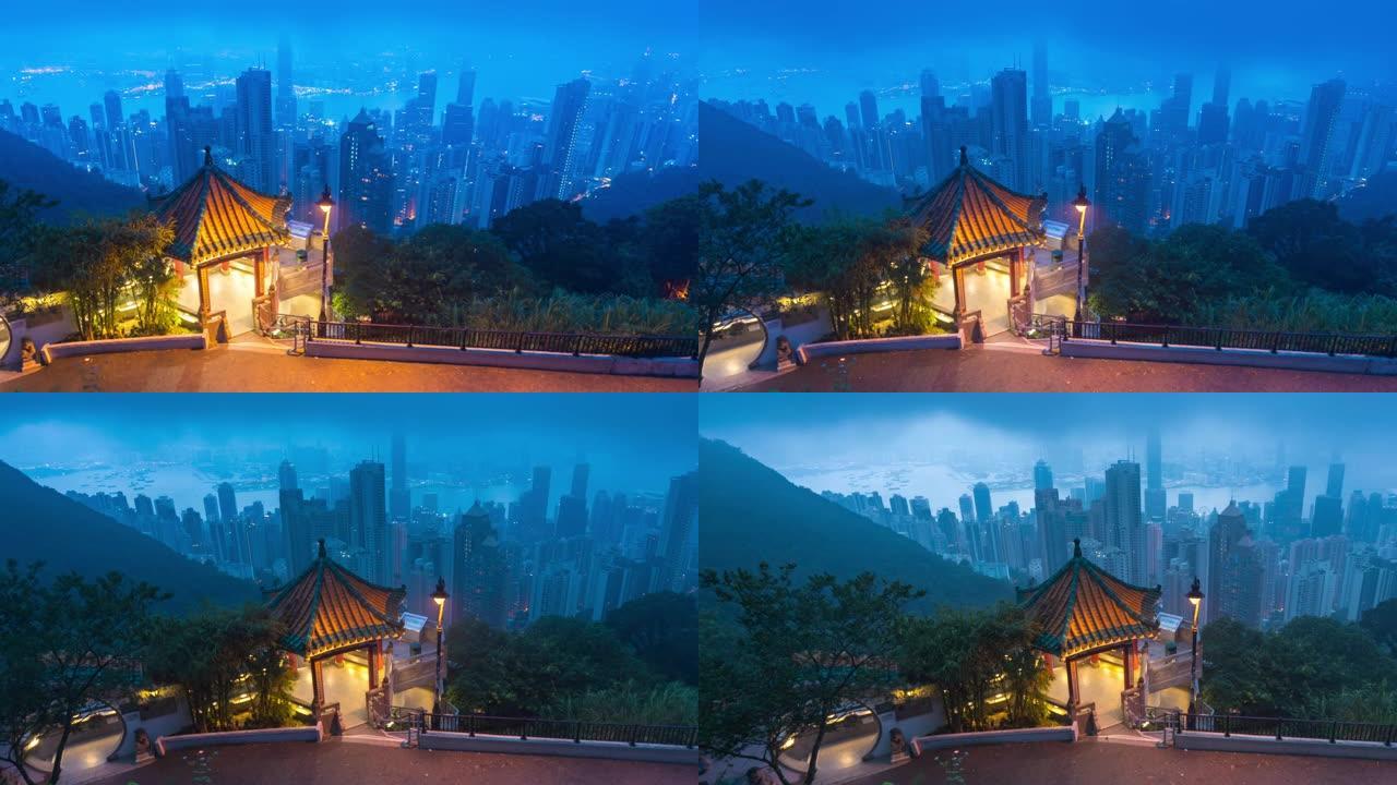 延时寺庙建筑风格香港天际线，香港城市景观维多利亚港上空的摩天大楼，中国香港