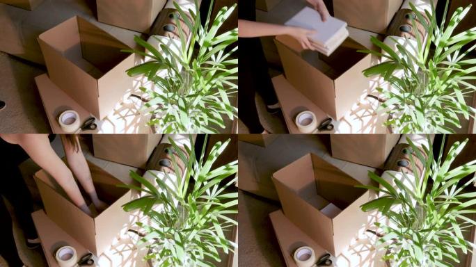 女人把书放进盒子里。变革的概念