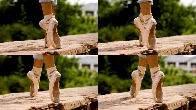 现代女芭蕾舞演员的脚在脚尖上跳舞。4K