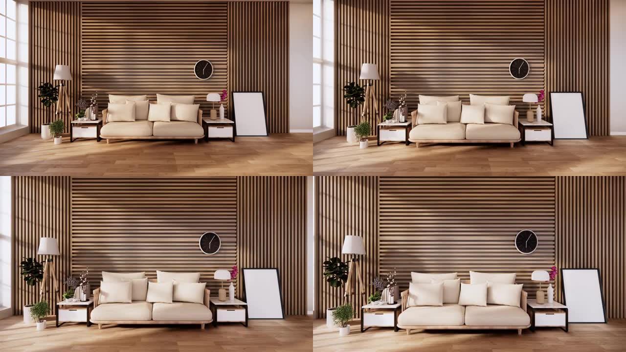 室内设计有扶手椅在空房间日本设计，3D渲染