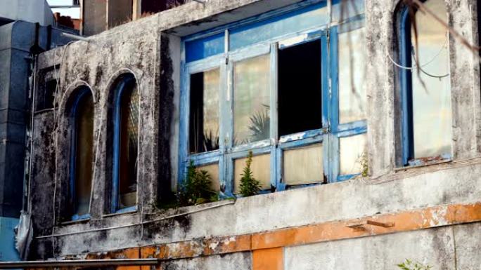 希腊的建筑。大楼里的破窗是一家废弃的老旅馆。4K