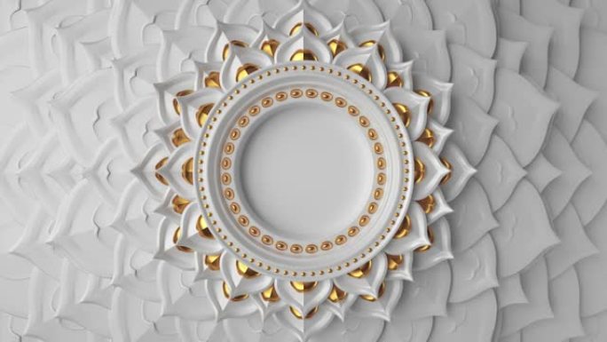 3d抽象白金装饰亚洲背景，带复制空间的动画空白圆形框架，曼陀罗设计的无缝动画