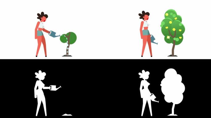 简笔画彩色象形图女女孩角色浇水摇钱树投资概念卡通动画。Luma哑光
