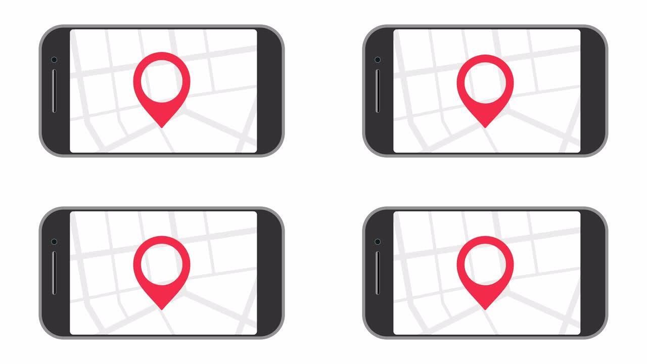 智能手机显示屏上的地理图钉标签。屏幕上有地图的手机。GPS，目的地地图导航位置道路方向和指针标记图标