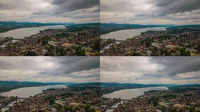 风暴天空日时间苏黎世湖滨城市景观空中全景4k时间流逝瑞士