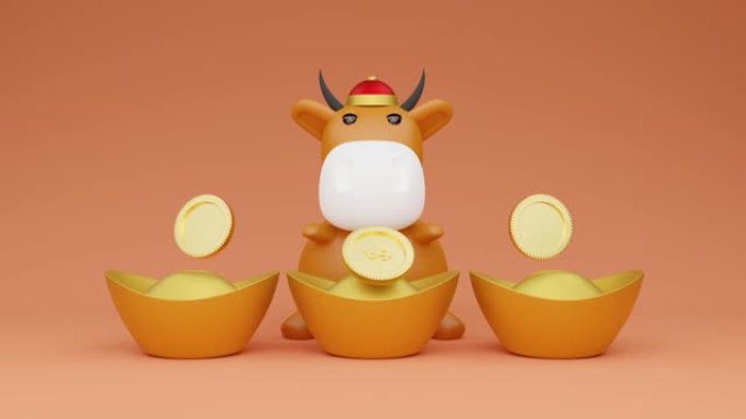 牛模型和金锭的3D渲染动画。