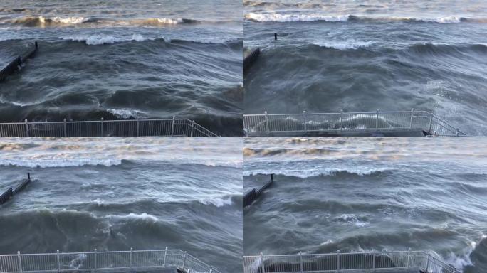 强风在密歇根湖海岸掀起海浪