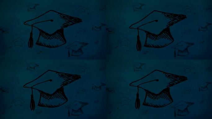 蓝色背景下毕业帽绘图晃动的数字复合视频