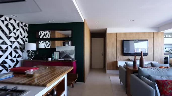 现代公寓。带厨房的现代开放式生活空间。
