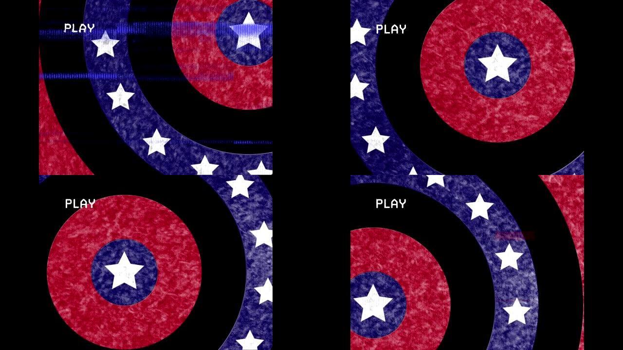 在摄像机屏幕上播放文字的动画，旋转着美国国旗、星星和条纹
