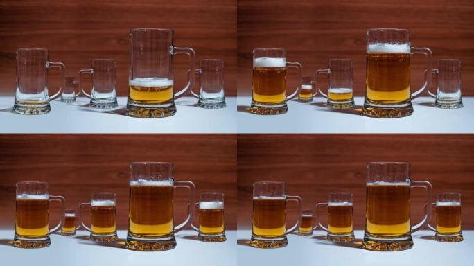 桌上的玻璃杯里装满了停止运动的啤酒