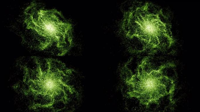 快速运动的巨型场形式的绿色照明粒子。动画。具有能量震中的抽象发光场，在黑色背景上传播光线，无缝循环