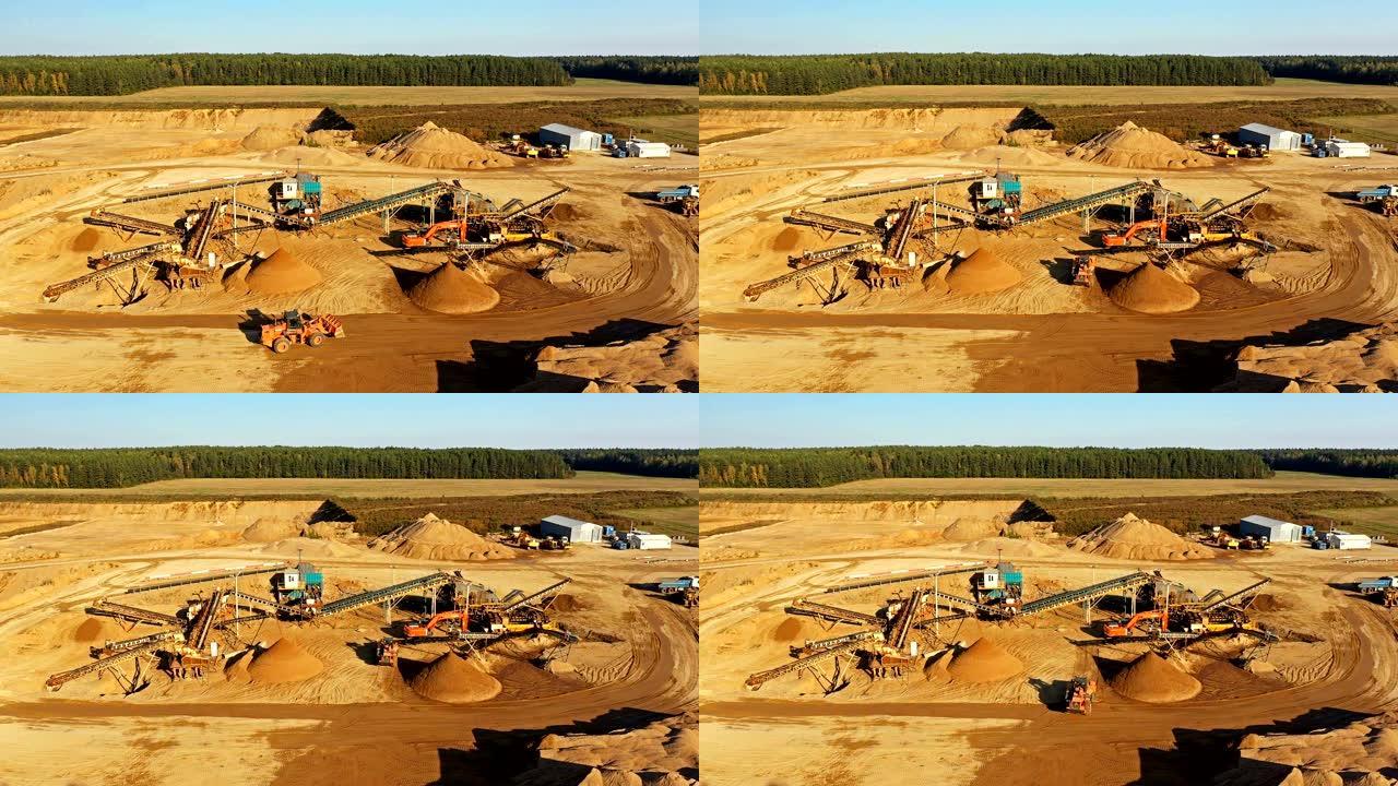 4K.使用重型机械工作过程中的采砂场: 分选输送机，推土机，挖掘机和卡车