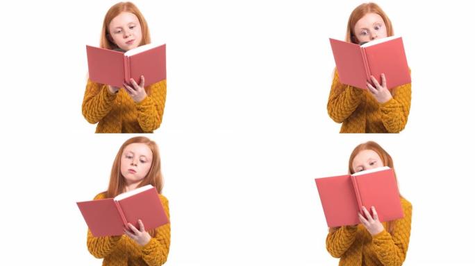 儿童好奇心和教育的概念。可爱的小女孩，留着红色长发，通过放大镜看书。孤立，在白色背景上
