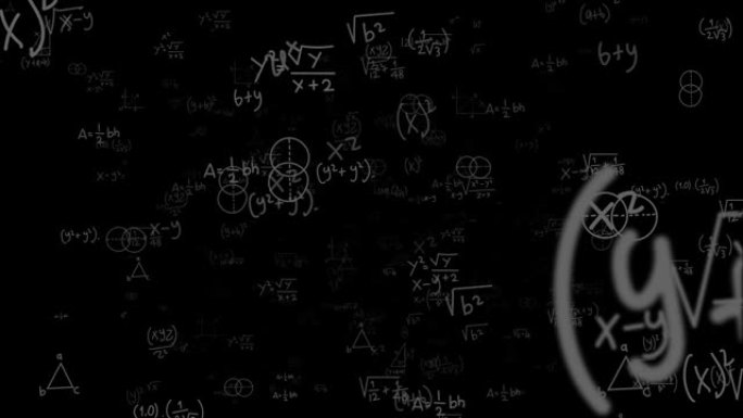 相机在黑色背景上飞过白色的数学公式。数学计算函数方程。由公式组成的矩阵。抽象的认知过程概念。计算机生