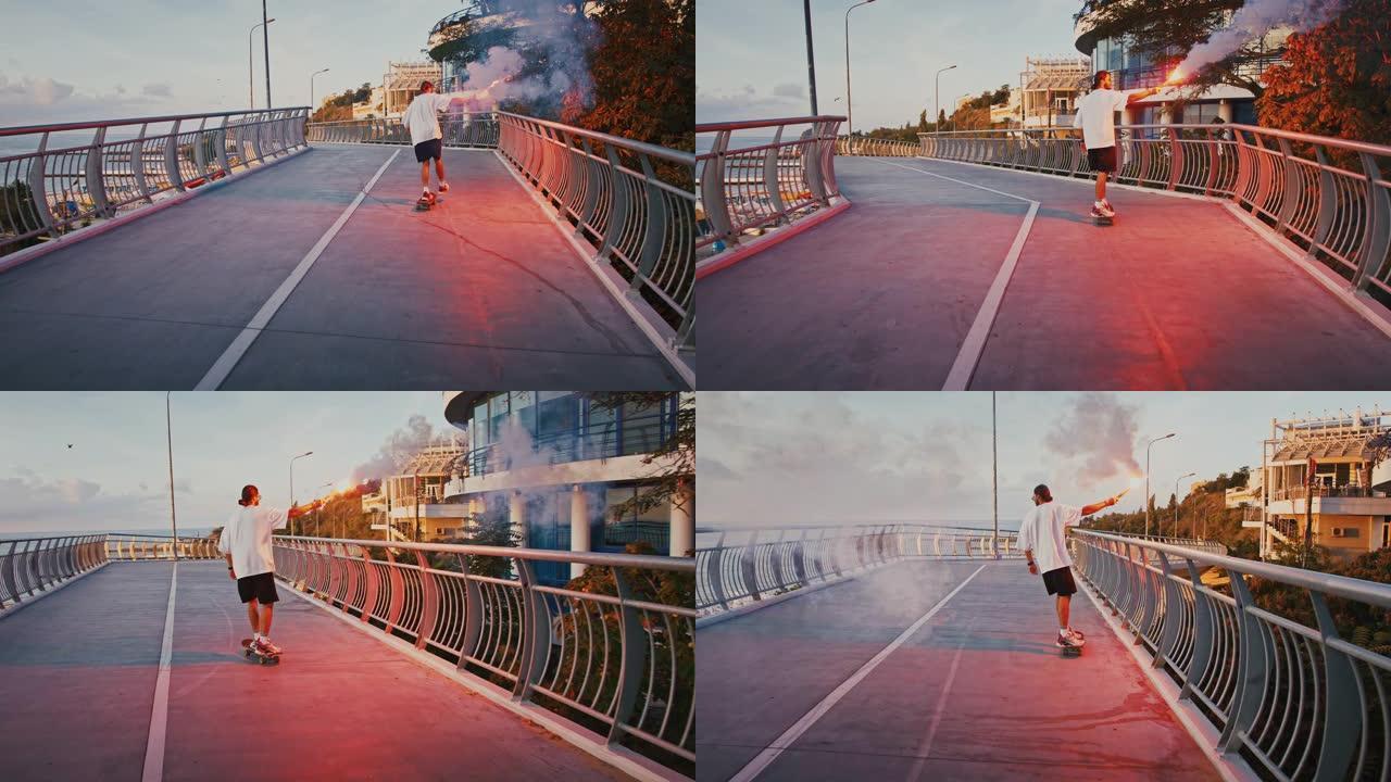 千禧一代家伙在桥上用红色信号射击滑板，慢动作