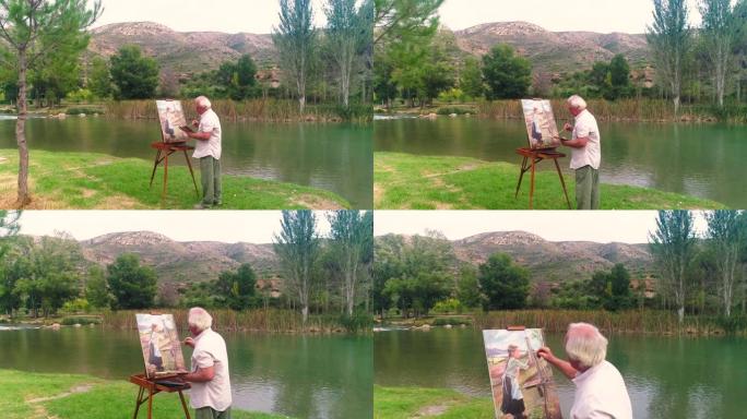 秋天在河边工作的老年绘画画家