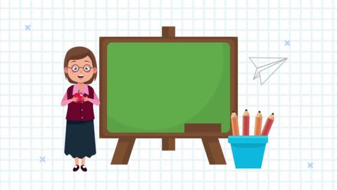 带黑板和铅笔的女教师角色动画