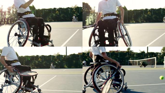 一个坐在轮椅上打网球的少年的中景