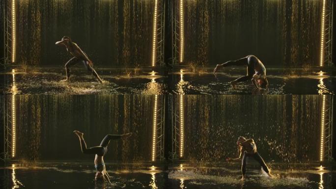 一个健康女性的轮廓是一个运动员-杂技演员-卡波耶拉，她在倾盆大雨中表演复杂的技巧，产生大量的水花。健