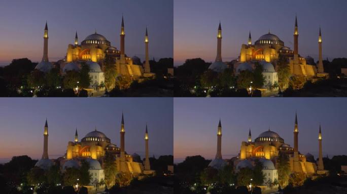 土耳其伊斯坦布尔日落之光的圣索菲亚大教堂。建立射击