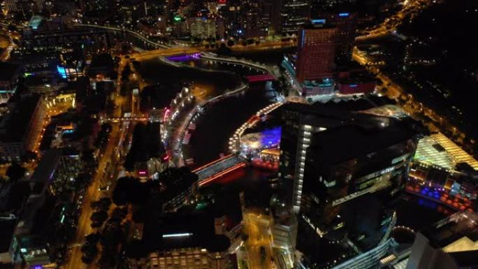 新加坡城市夜间照明著名河滨湾购物中心空中全景4k