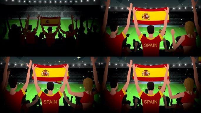 卡通欢呼足球迷拥挤西班牙足球动画