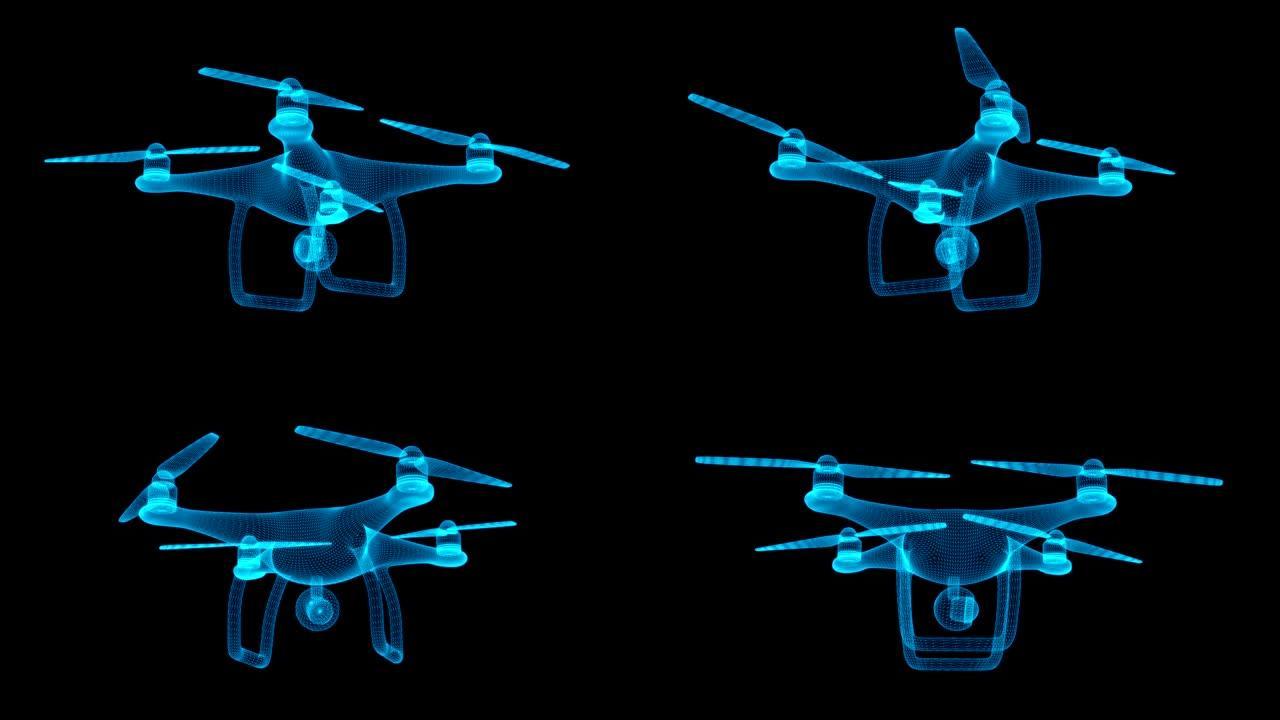 遥控空中无人机。德龙带着动作摄像机飞行。线框低聚网格。
