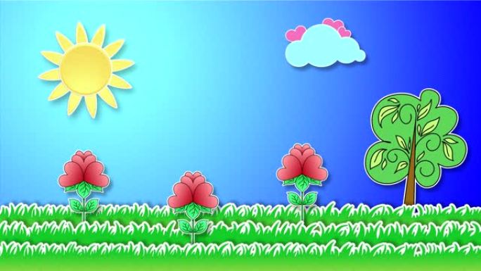云、草、太阳、花的动画绘画