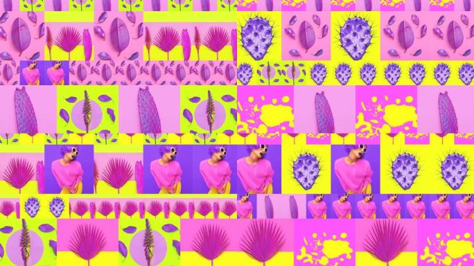 运动幻灯片设计。混合照片糖果最小紫色氛围。时髦女孩和平铺设计