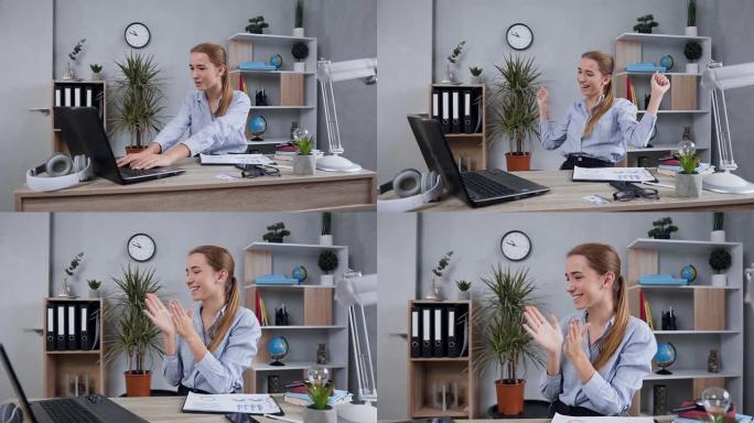 坐在工作场所并对在计算机上看到的好结果感到满意的迷人微笑女士的近距离观察