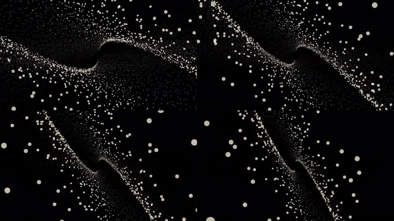 抽象白点云在黑色背景上同时向前和向后移动，无缝循环。动画。令人惊叹的小颗粒动画飞行，单色