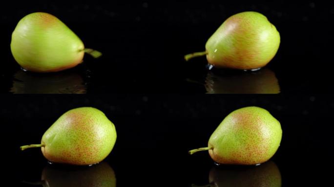 新鲜的梨在桌子上旋转。
