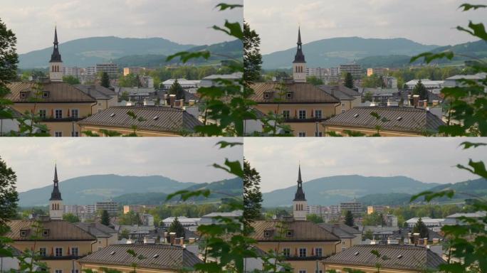 日落时间萨尔茨堡城市景观山顶全景4k奥地利