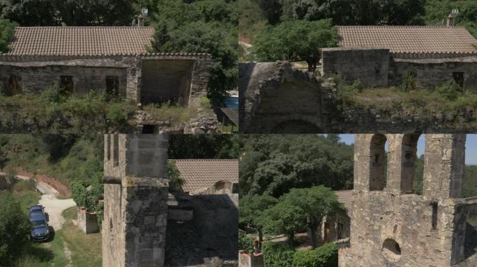 空中Esglesia Sant Pere Fermi无人机教堂石头旧废墟废弃的古代宗教欧洲荒凉的中世