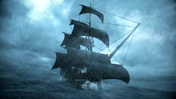 船在暴风雨中与雨水和闪电一起在海洋中航行