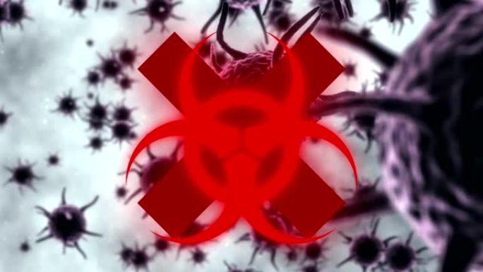 危险和红十字会标志着新型冠状病毒肺炎细胞的移动