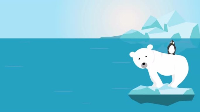 北极熊和企鹅在空的海洋动画镜头剪辑中的小融化的冰面上忧心忡忡